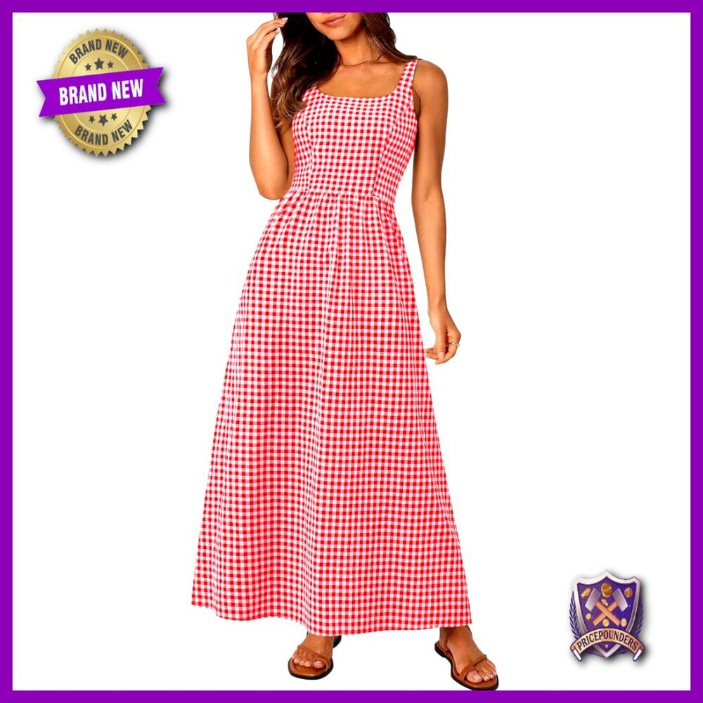 Plaid Square Neck Maxi Dress Spaghetti Strap Smocked Back A-Line Casual - Picture 1 of 7